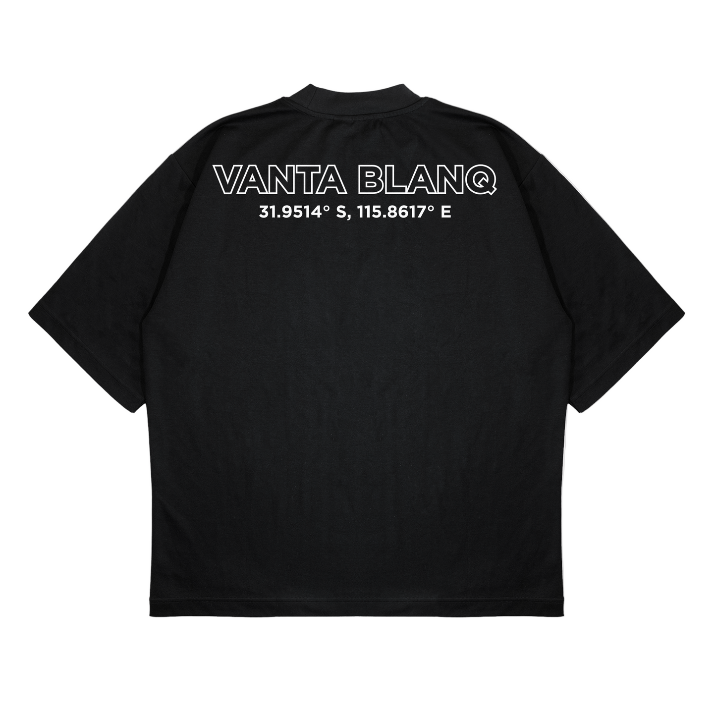 Black t-shirt with 'VANTA BLANQ' text on the back against a white background