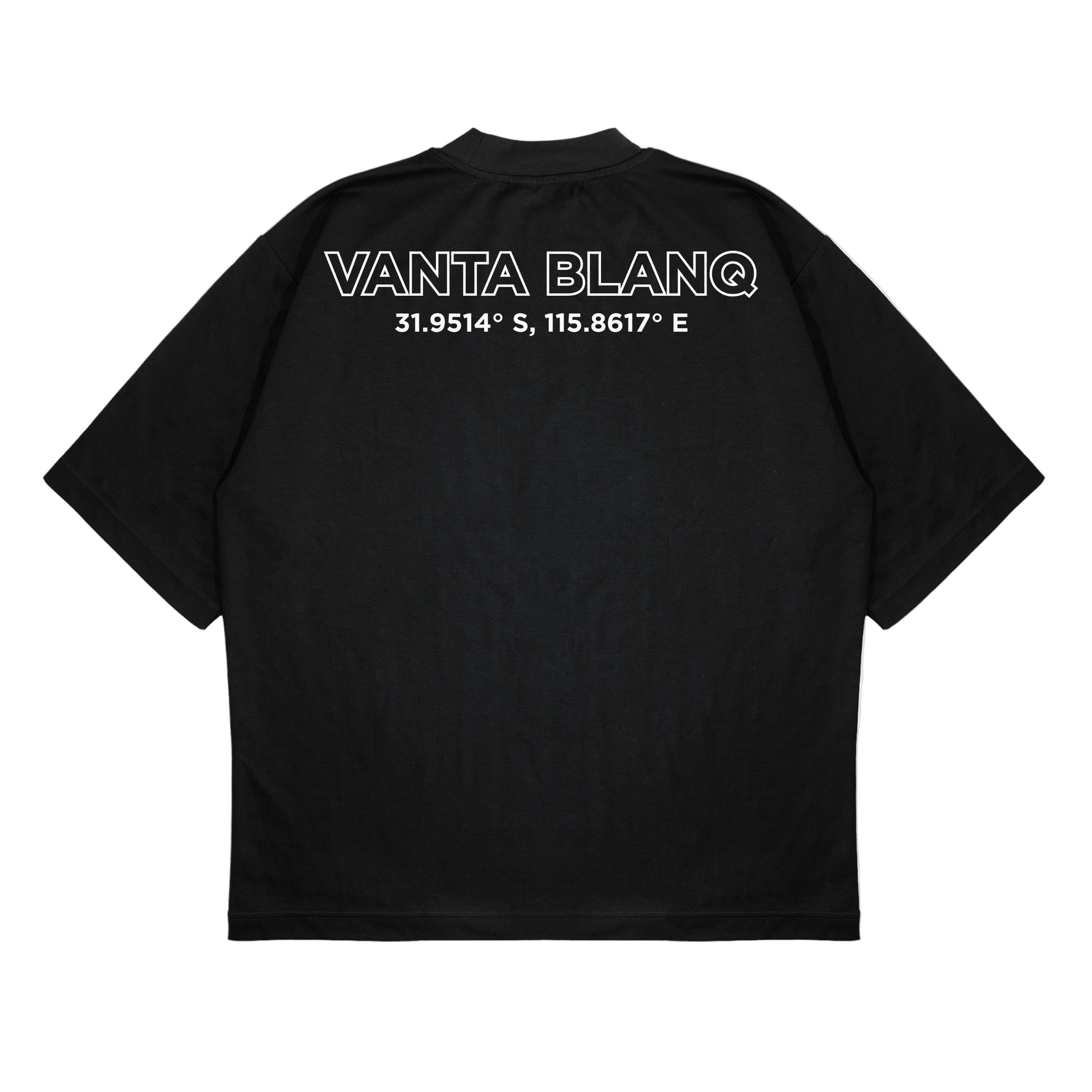 Black t-shirt with 'VANTA BLANQ' text on the back against a white background