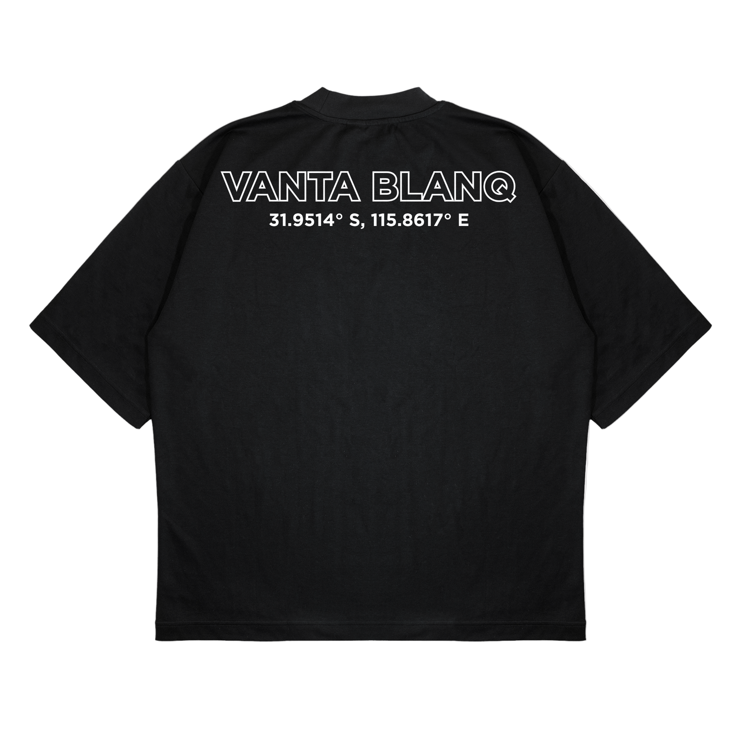 Black t-shirt with 'VANTA BLANQ' text on the back against a white background