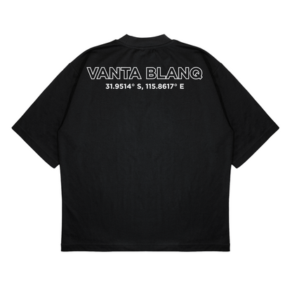Black t-shirt with 'VANTA BLANQ' text on the back against a white background