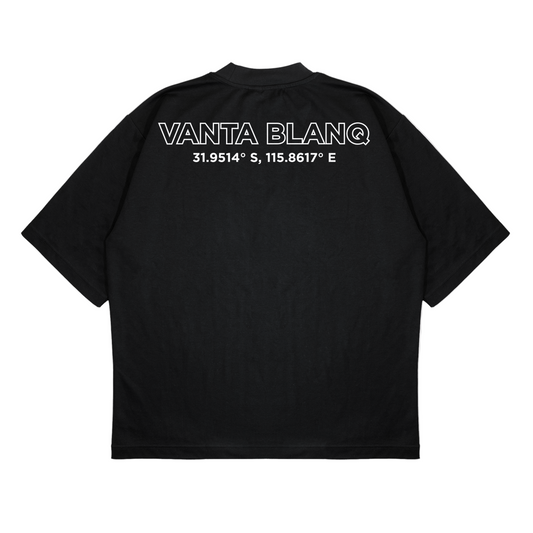Black t-shirt with 'VANTA BLANQ' text on the back against a white background